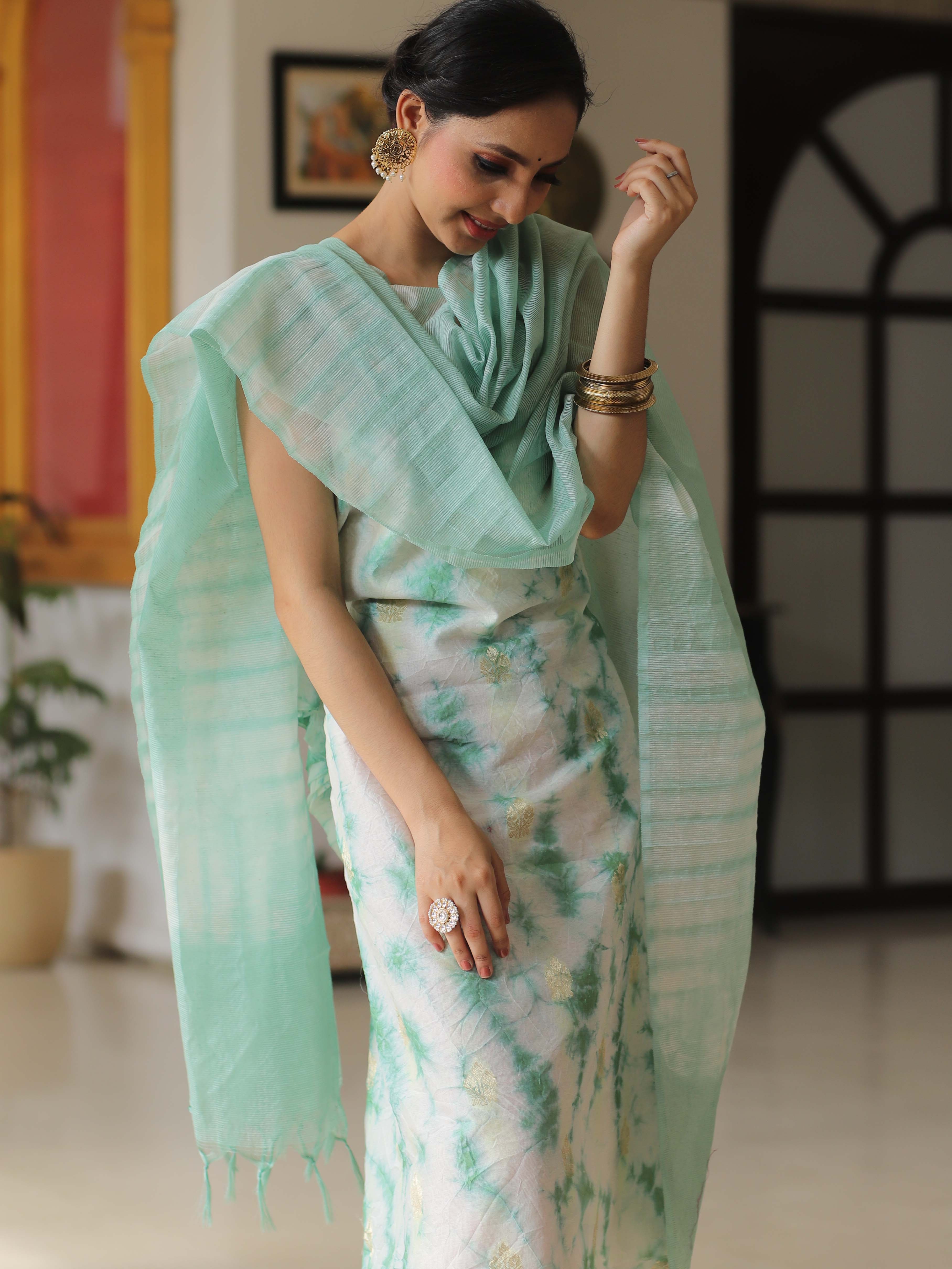 Banarasee Chanderi Cotton Zari Buti Salwar Kameez With Dupatta-White & Green