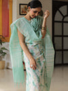 Banarasee Chanderi Cotton Zari Buti Salwar Kameez With Dupatta-White & Green