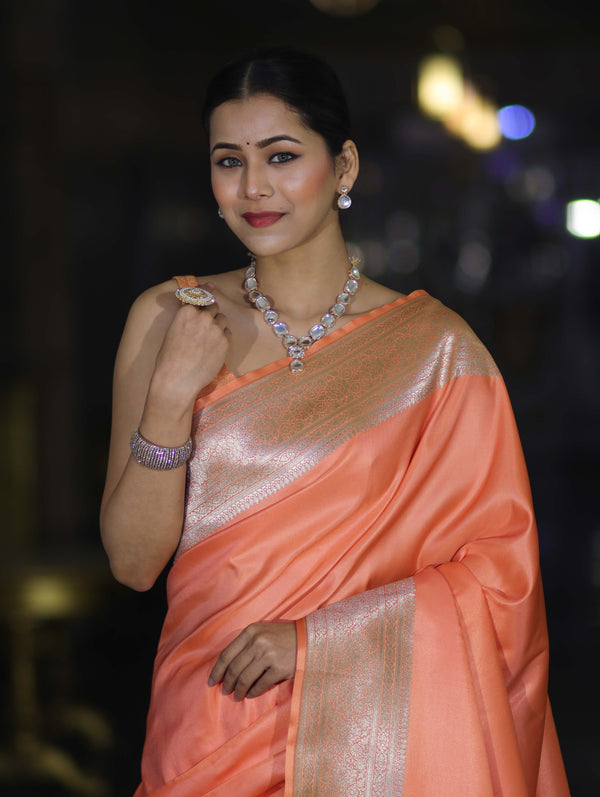Banarasee Handwoven Plain Semi Katan Saree With Broad Zari Border-Peach