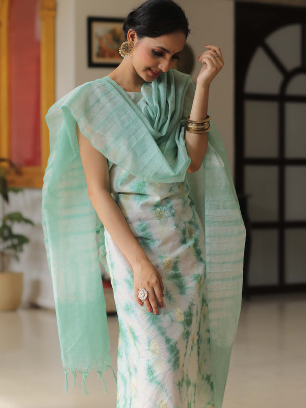 Banarasee Chanderi Cotton Zari Buti Salwar Kameez With Dupatta-White & Green