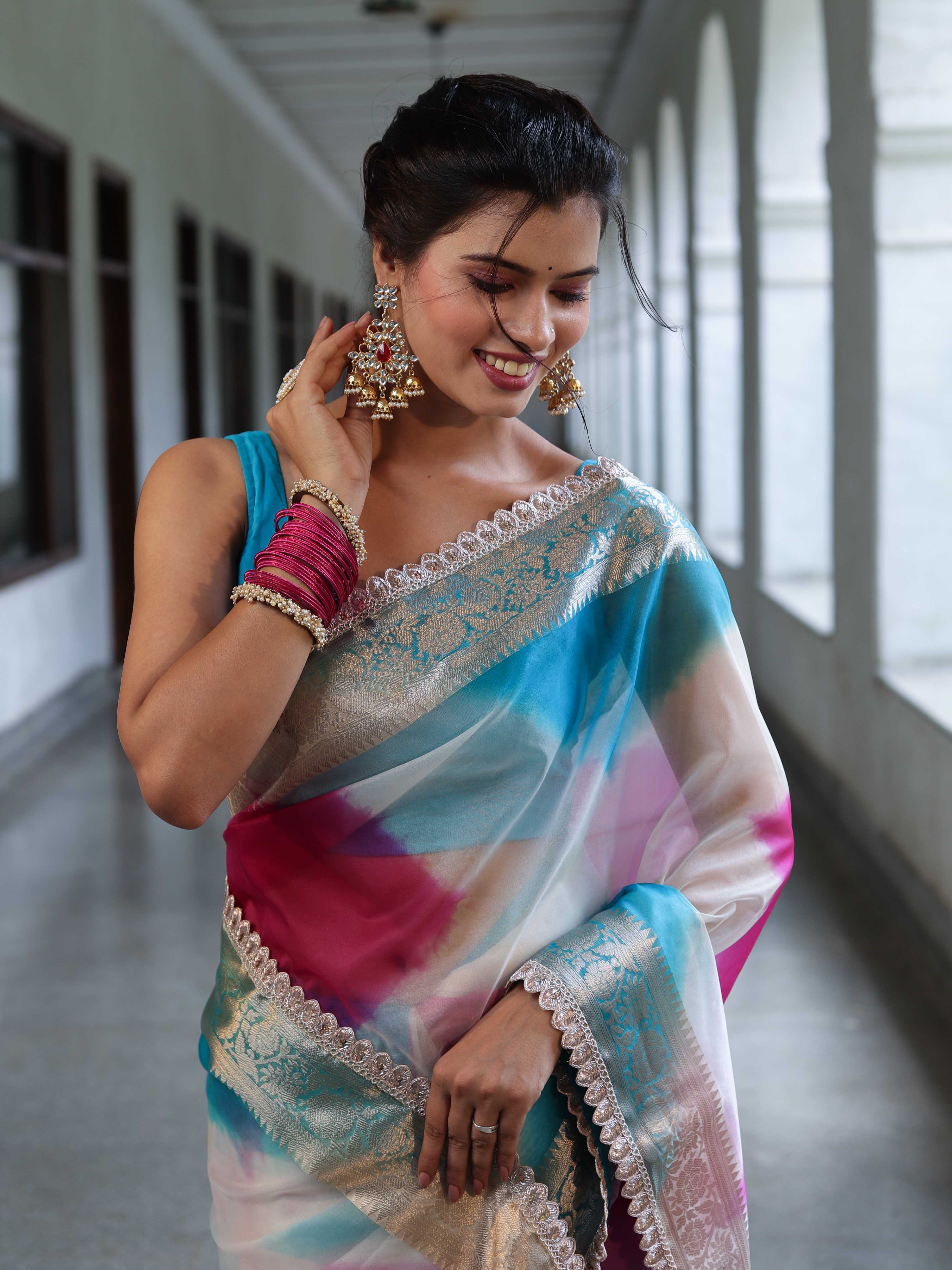 Banarasee Organza Saree With Zari Design Border & Lace-Multicolor