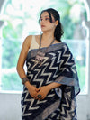 Bhagalpur Handloom Pure Linen Cotton Zig-Zag Pattern Saree-Blue