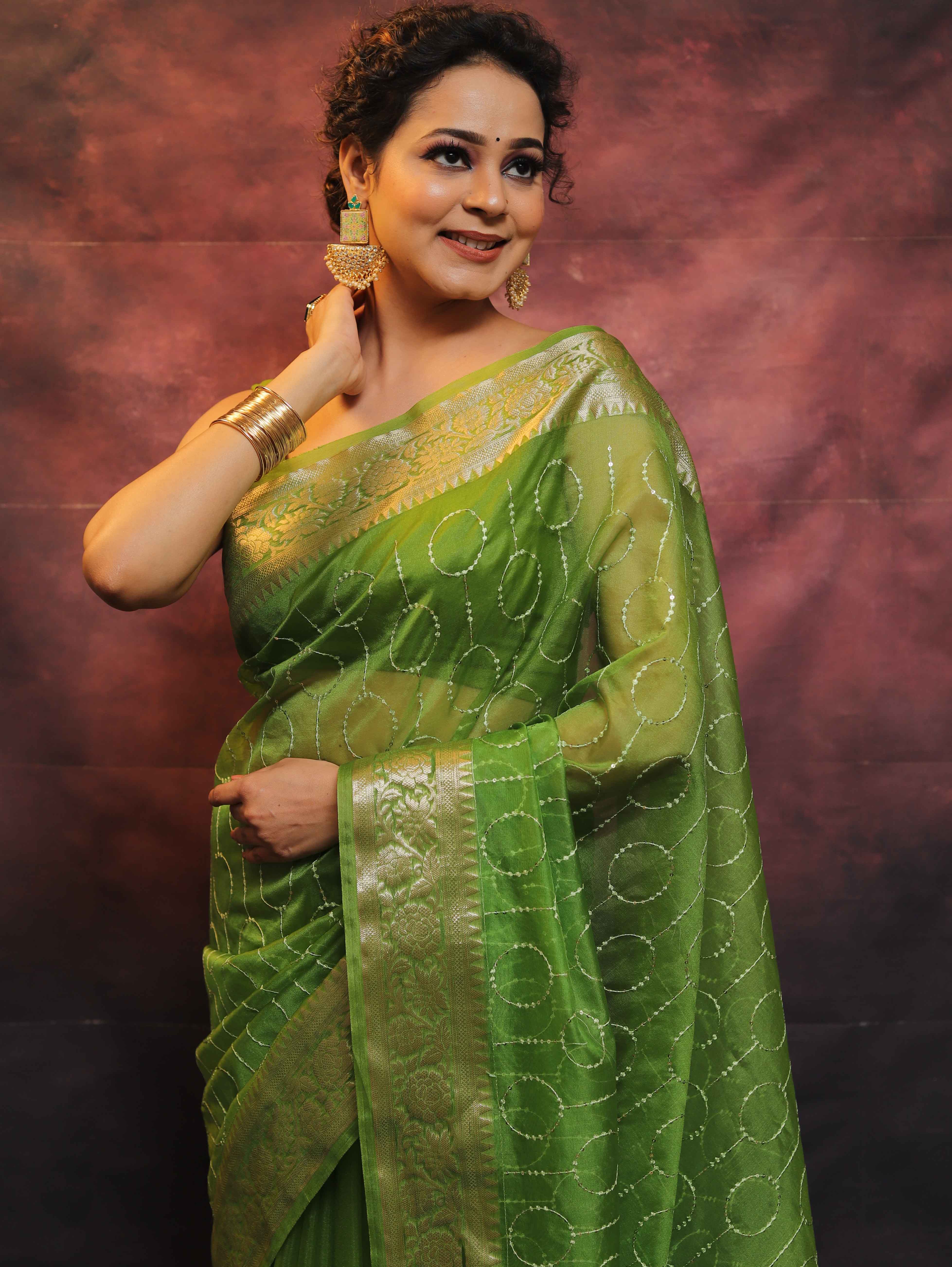 Banarasee Organza Floral Embroidery Sequin Work Saree-Olive Green