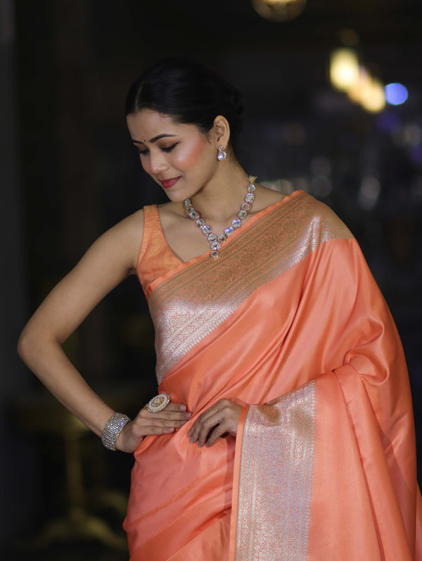 Banarasee Handwoven Plain Semi Katan Saree With Broad Zari Border-Peach