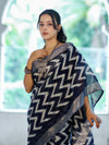 Bhagalpur Handloom Pure Linen Cotton Zig-Zag Pattern Saree-Blue