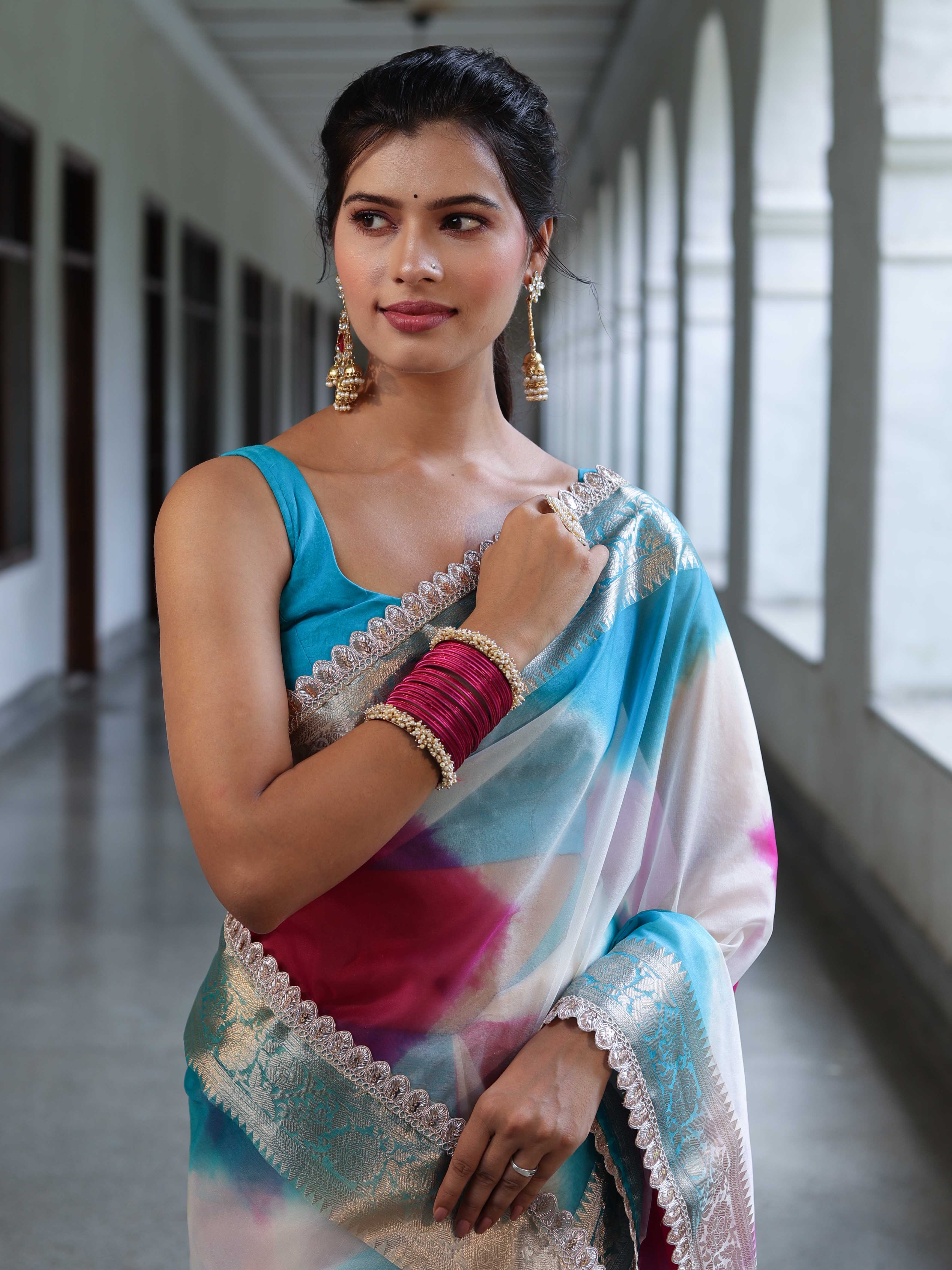 Banarasee Organza Saree With Zari Design Border & Lace-Multicolor