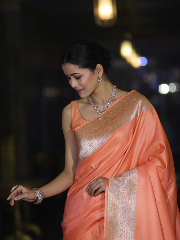 Banarasee Handwoven Plain Semi Katan Saree With Broad Zari Border-Peach