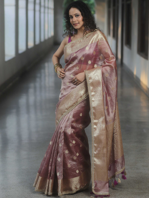 Banarasee Handwoven Crushed Tissue Saree Zari Border With Lace-Magenta