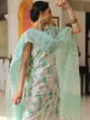 Banarasee Chanderi Cotton Zari Buti Salwar Kameez With Dupatta-White & Green
