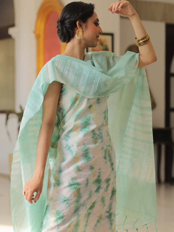 Banarasee Chanderi Cotton Zari Buti Salwar Kameez With Dupatta-White & Green