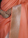 Banarasee Handwoven Plain Semi Katan Saree With Broad Zari Border-Peach