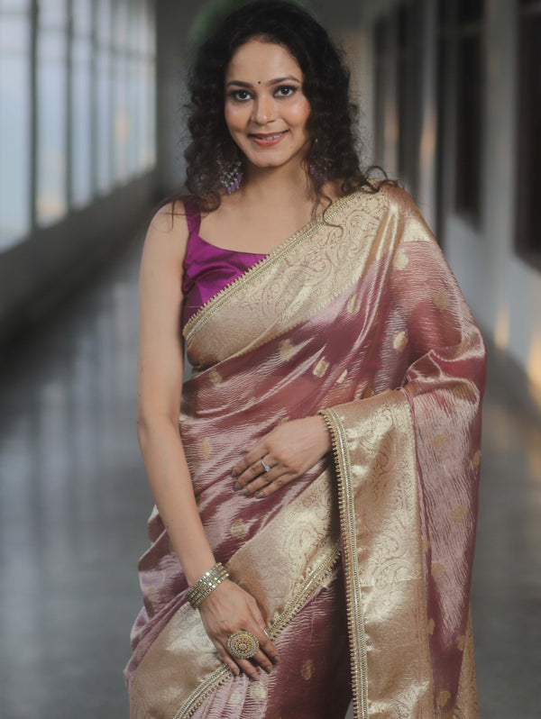 Banarasee Handwoven Crushed Tissue Saree Zari Border With Lace-Magenta