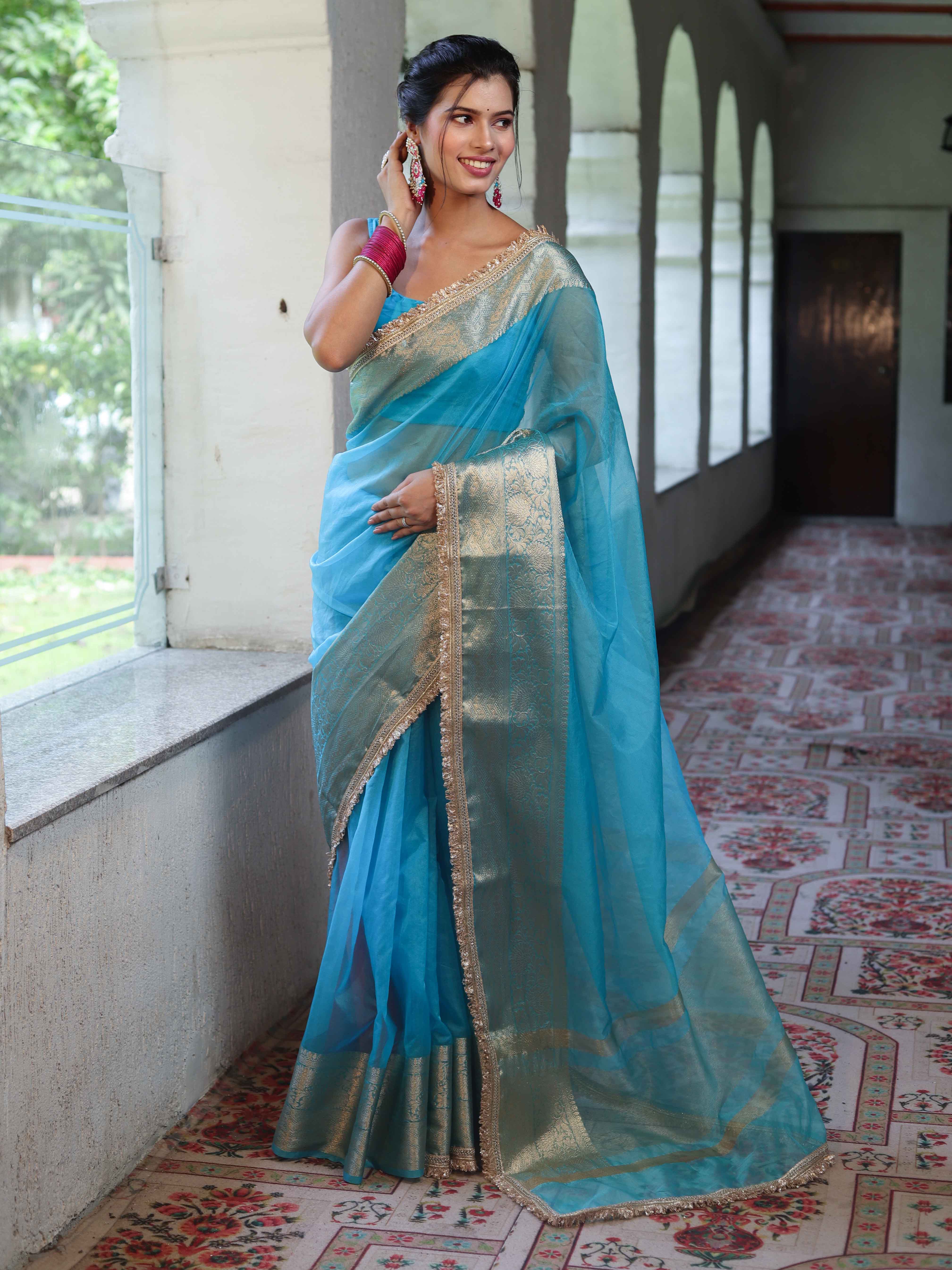 Banarasee Handwoven Plain Tissue Saree With Zari Border & Lace-Sky Blue