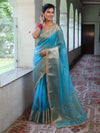 Banarasee Handwoven Plain Tissue Saree With Zari Border & Lace-Sky Blue