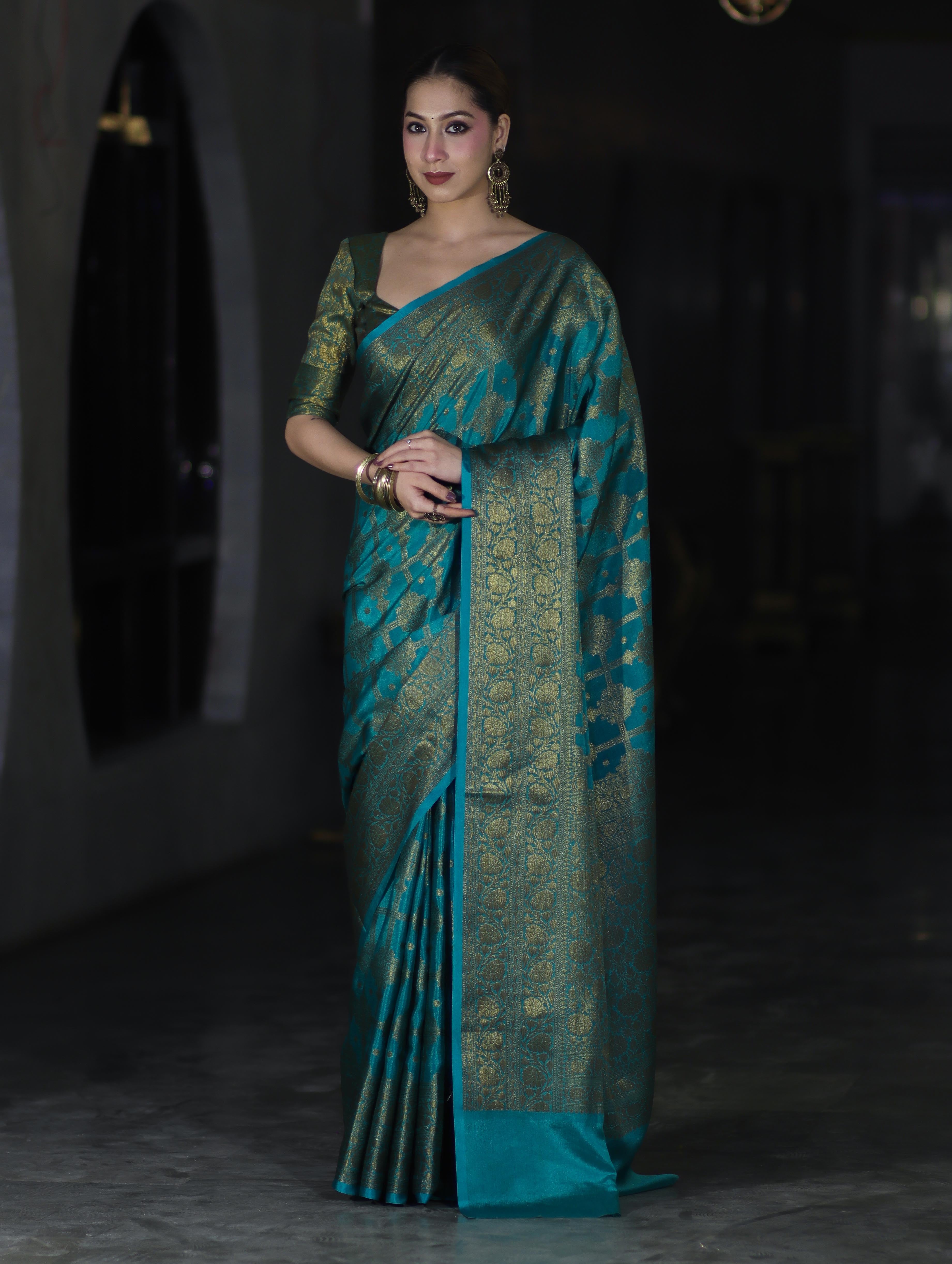 Banarasee Handwoven Georgette Saree With Antique Zari Jaal Design & Floral Border-Turquoise Green