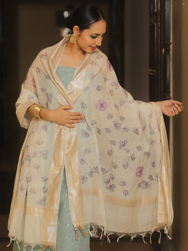 Banarasee Lurex Cotton Zari Work Salwar Kameez Fabric With Hand Painted Dupatta-Blue & White