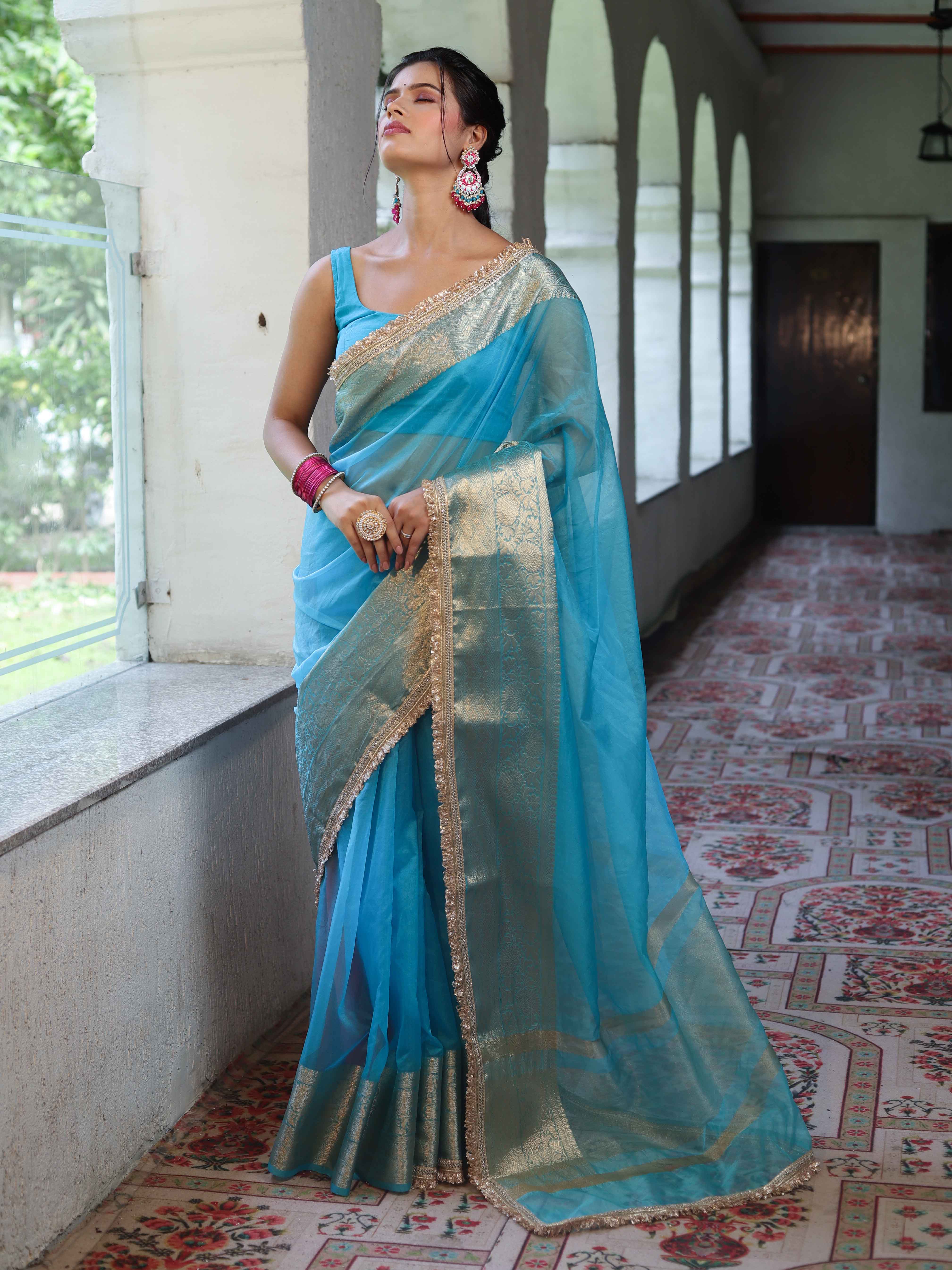 Banarasee Handwoven Plain Tissue Saree With Zari Border & Lace-Sky Blue
