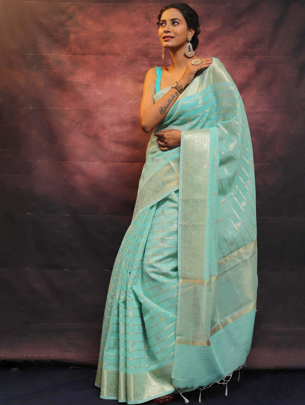 Banarasee Cotton Silk Mix Saree With Stripes Design-Blue