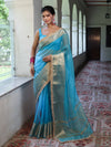 Banarasee Handwoven Plain Tissue Saree With Zari Border & Lace-Sky Blue
