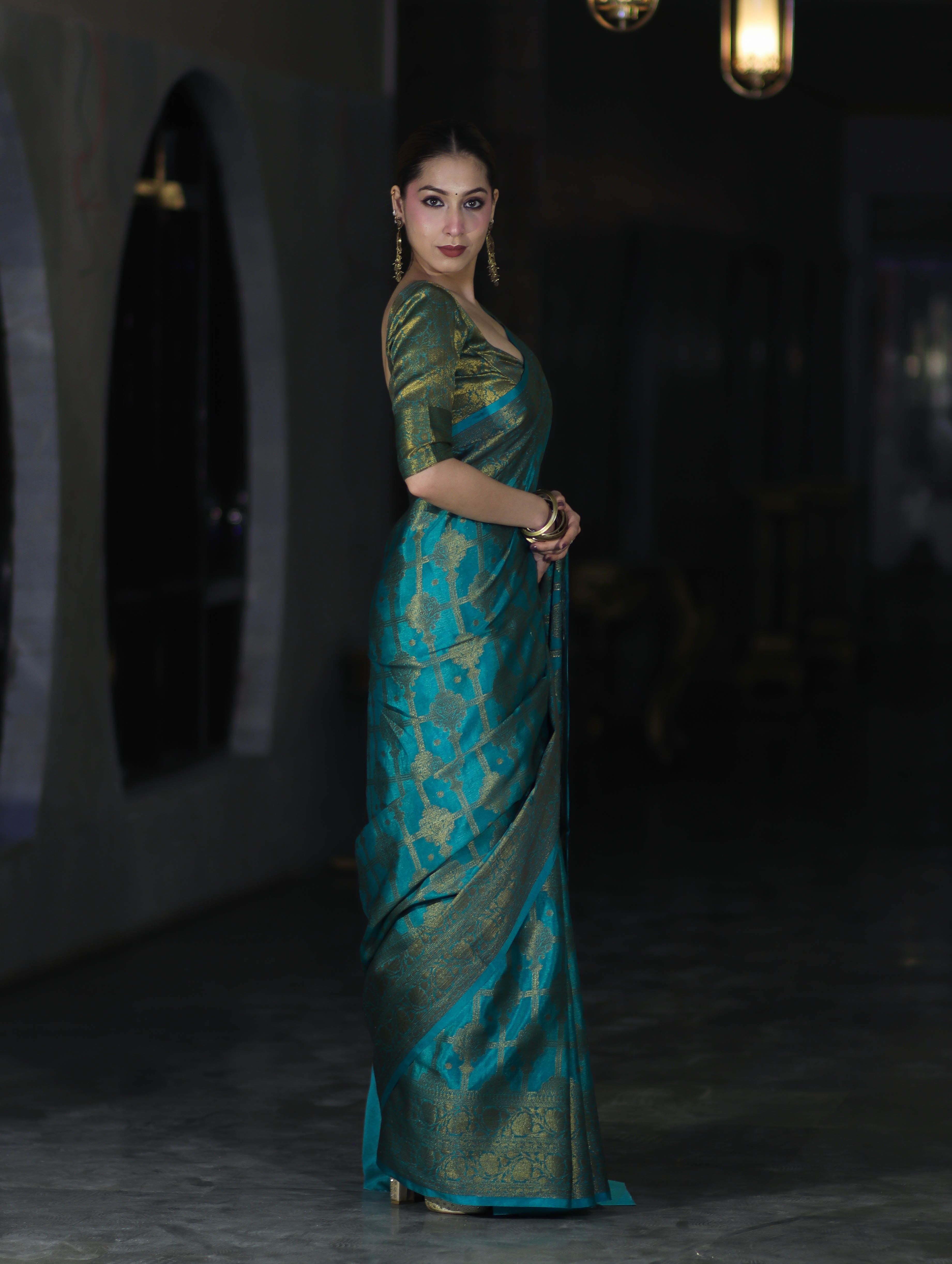 Banarasee Handwoven Georgette Saree With Antique Zari Jaal Design & Floral Border-Turquoise Green