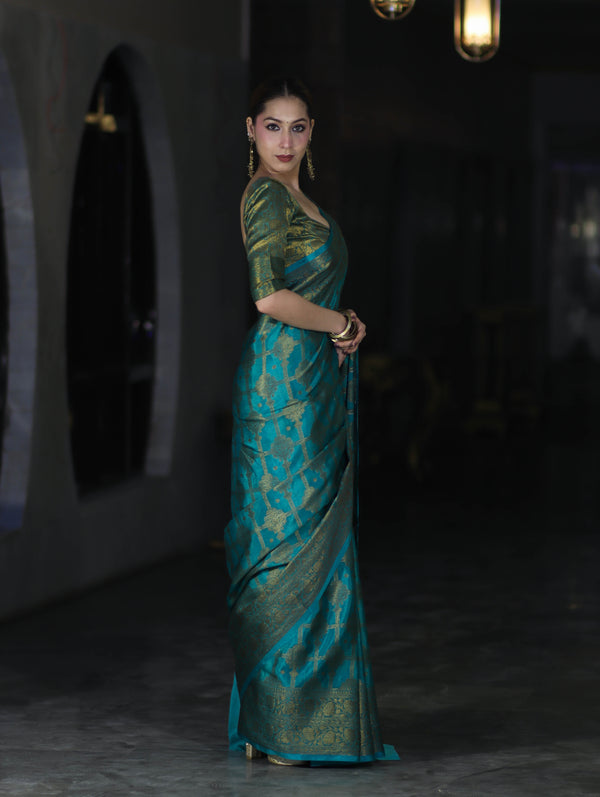 Banarasee Handwoven Georgette Saree With Antique Zari Jaal Design & Floral Border-Turquoise Green