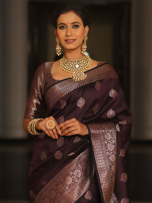 Banarasee Handwoven Semi Silk Saree With Zari Buti Design-Wine