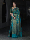 Banarasee Handwoven Georgette Saree With Antique Zari Jaal Design & Floral Border-Turquoise Green