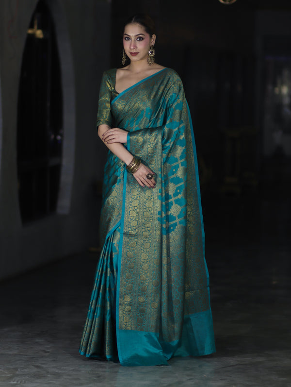 Banarasee Handwoven Georgette Saree With Antique Zari Jaal Design & Floral Border-Turquoise Green