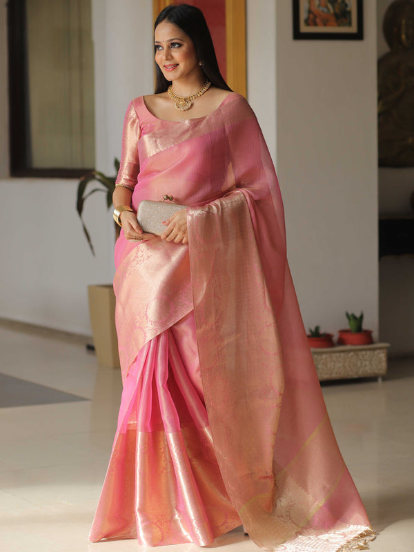 Banarasee Handwoven Plain Tissue Skirt Border Saree-Pink