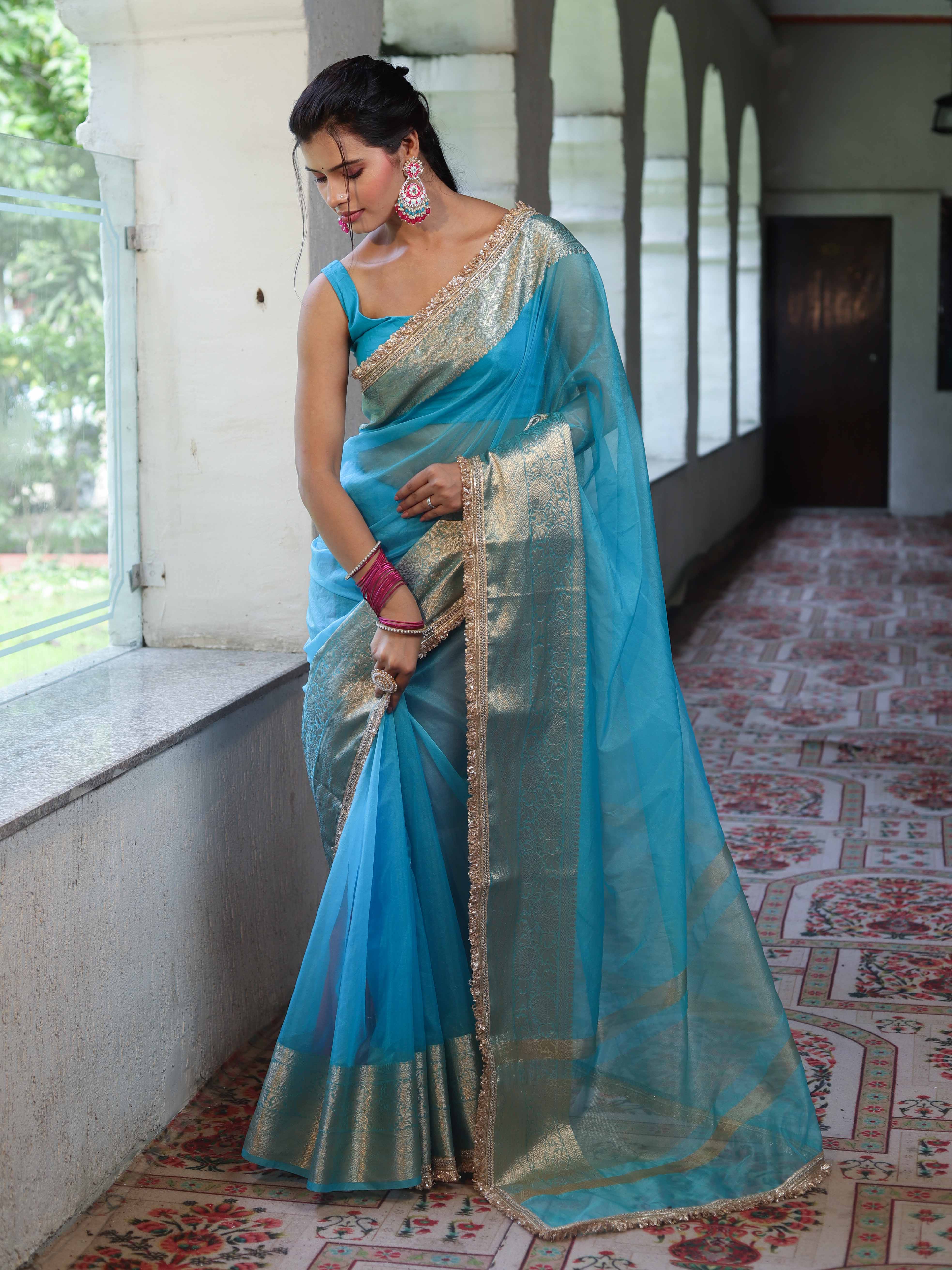 Banarasee Handwoven Plain Tissue Saree With Zari Border & Lace-Sky Blue