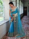 Banarasee Handwoven Plain Tissue Saree With Zari Border & Lace-Sky Blue