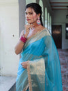 Banarasee Handwoven Plain Tissue Saree With Zari Border & Lace-Sky Blue