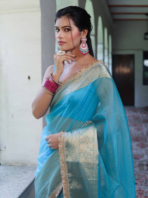 Banarasee Handwoven Plain Tissue Saree With Zari Border & Lace-Sky Blue