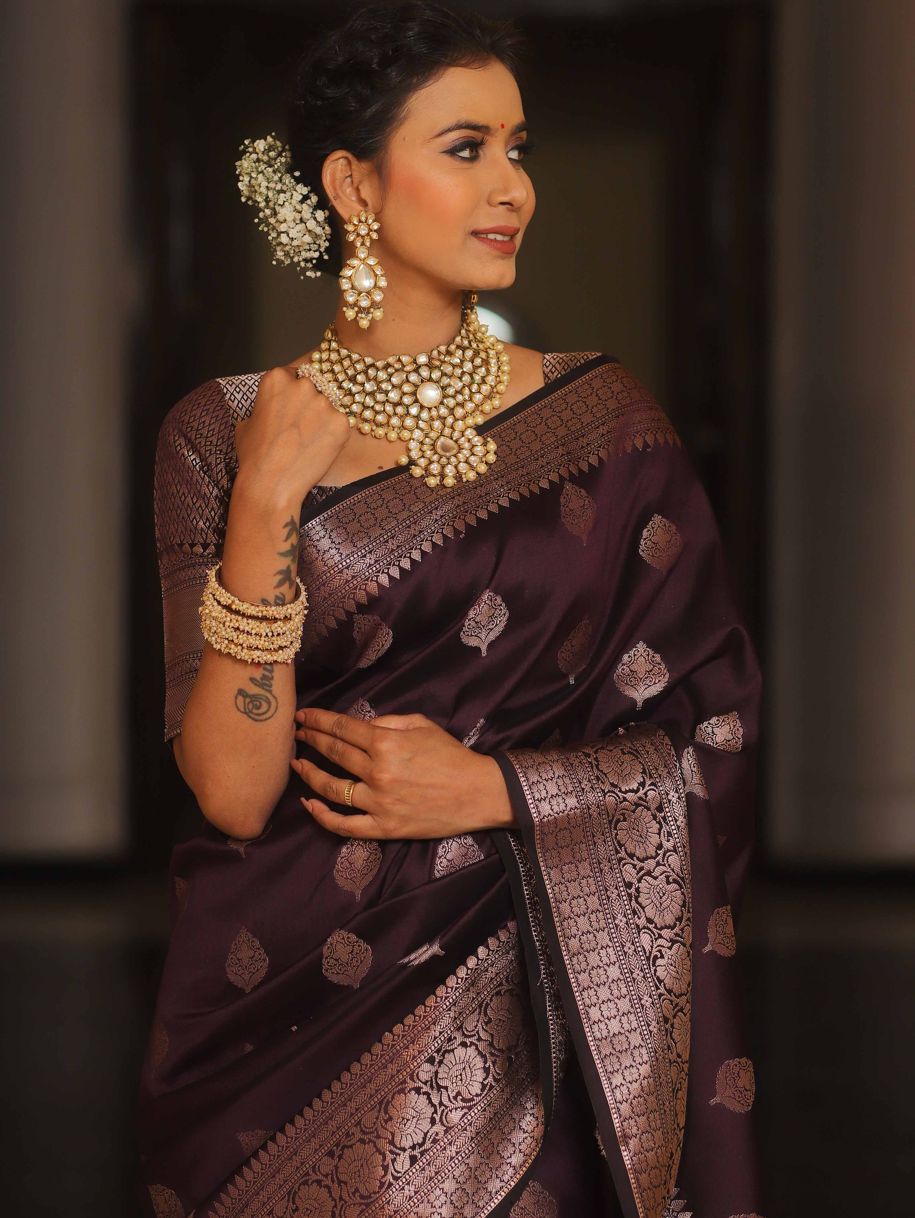 Banarasee Handwoven Semi Silk Saree With Zari Buti Design-Wine