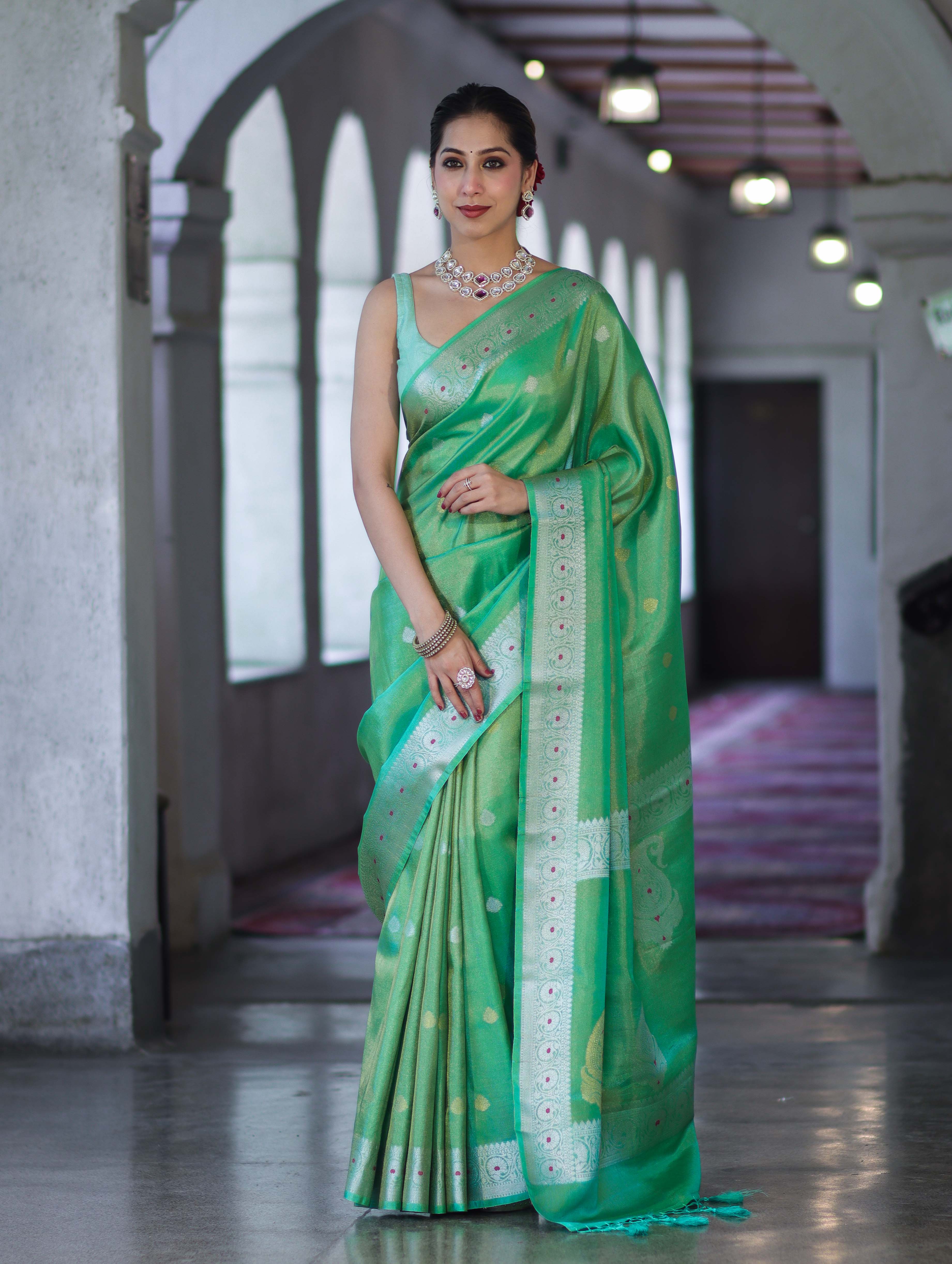 Banarasee Handloom Dual Tone Shimmer Silk Saree With Buti Design & Meena Border-Pastel Green