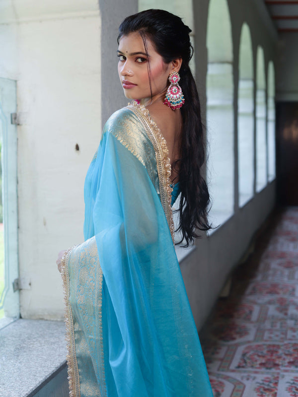 Banarasee Handwoven Plain Tissue Saree With Zari Border & Lace-Sky Blue