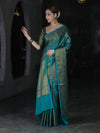 Banarasee Handwoven Georgette Saree With Antique Zari Jaal Design & Floral Border-Turquoise Green