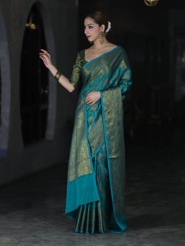 Banarasee Handwoven Georgette Saree With Antique Zari Jaal Design & Floral Border-Turquoise Green