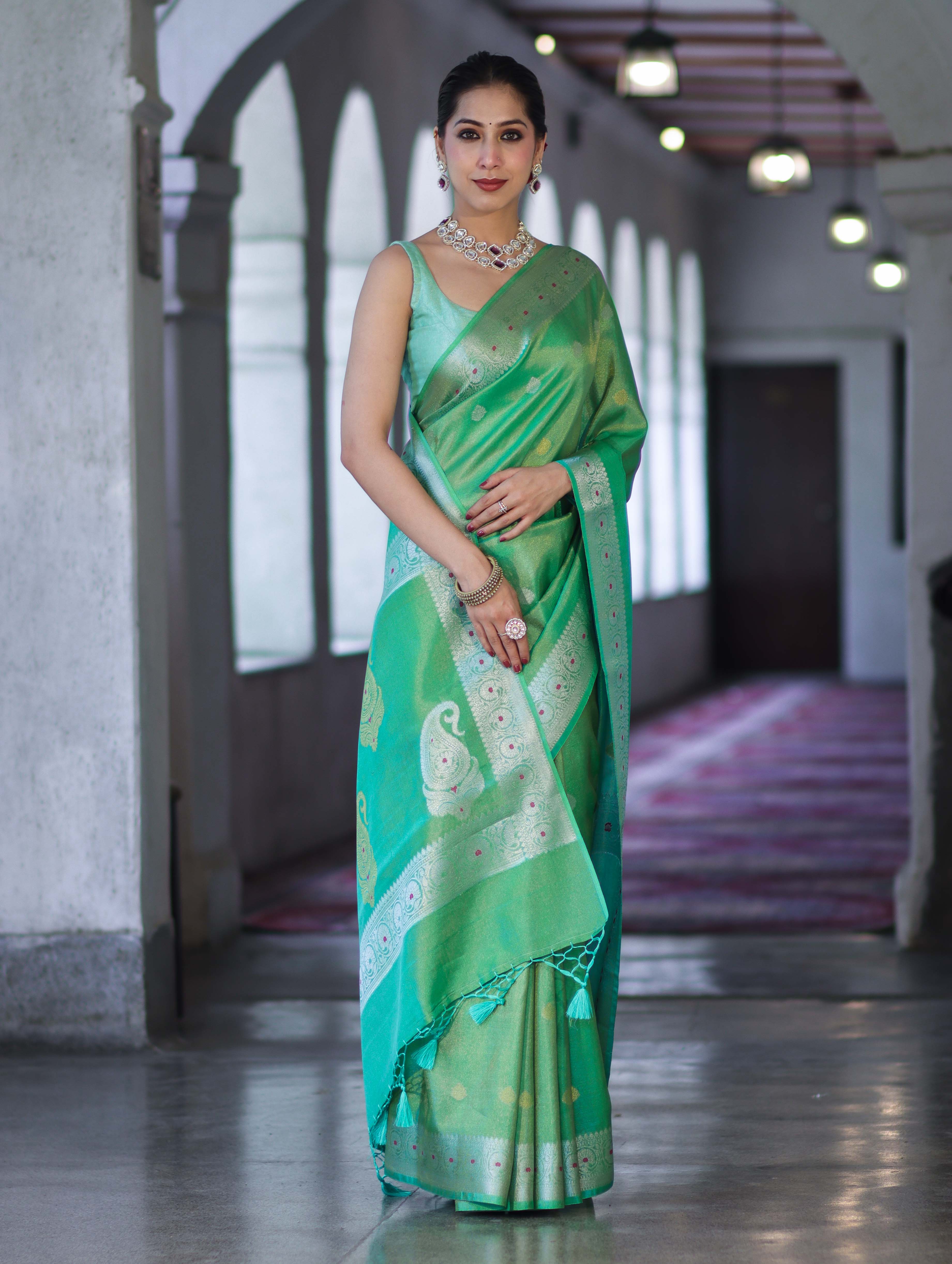 Banarasee Handloom Dual Tone Shimmer Silk Saree With Buti Design & Meena Border-Pastel Green