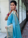 Banarasee Handwoven Plain Tissue Saree With Zari Border & Lace-Sky Blue