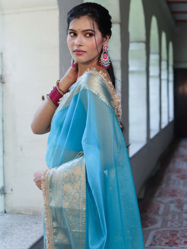 Banarasee Handwoven Plain Tissue Saree With Zari Border & Lace-Sky Blue