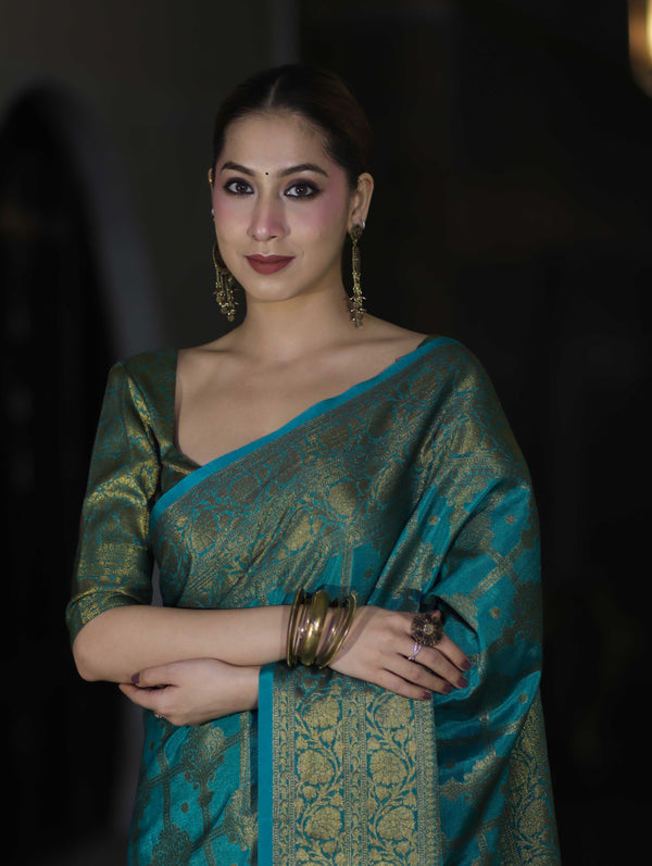 Banarasee Handwoven Georgette Saree With Antique Zari Jaal Design & Floral Border-Turquoise Green