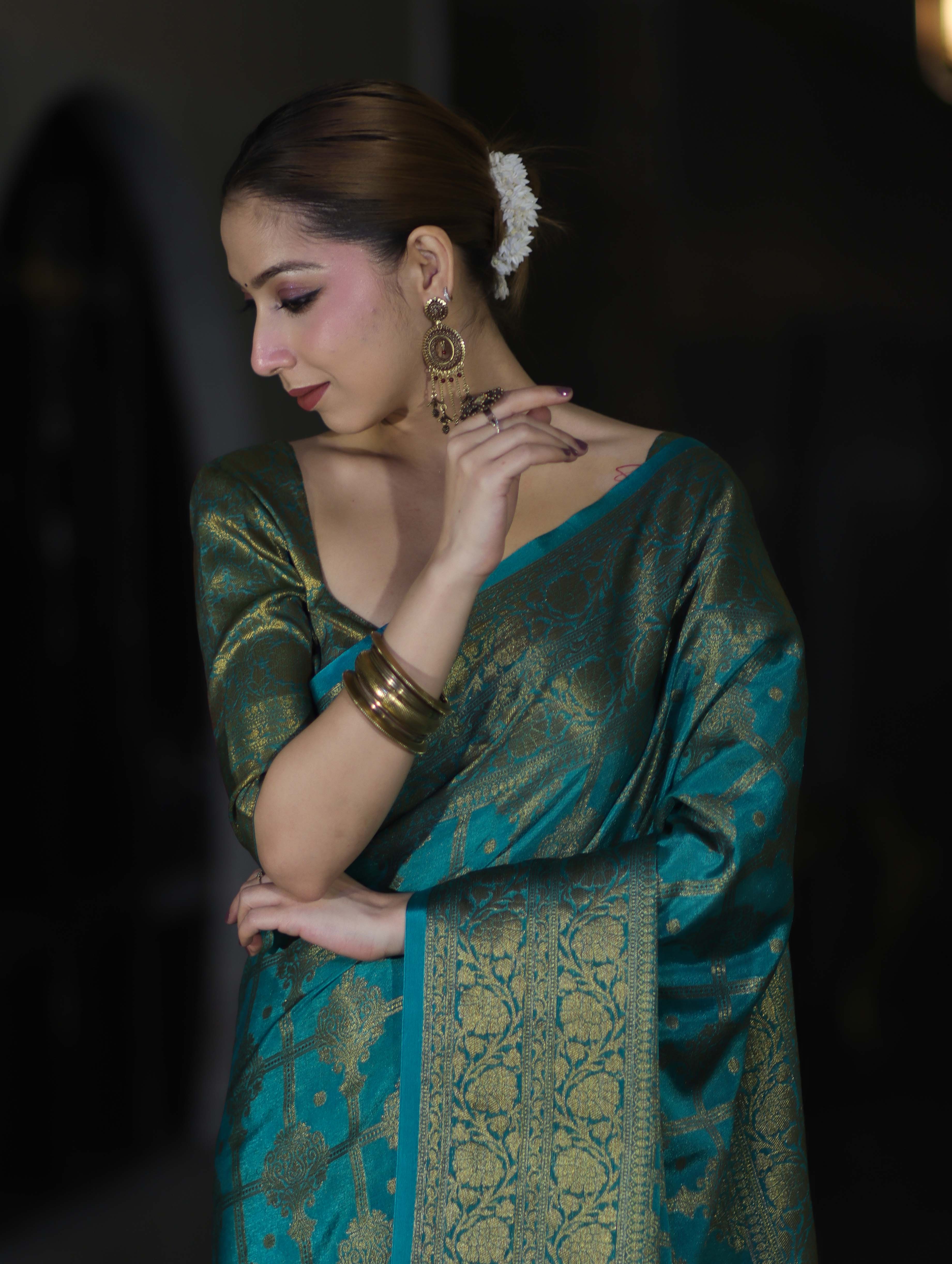 Banarasee Handwoven Georgette Saree With Antique Zari Jaal Design & Floral Border-Turquoise Green