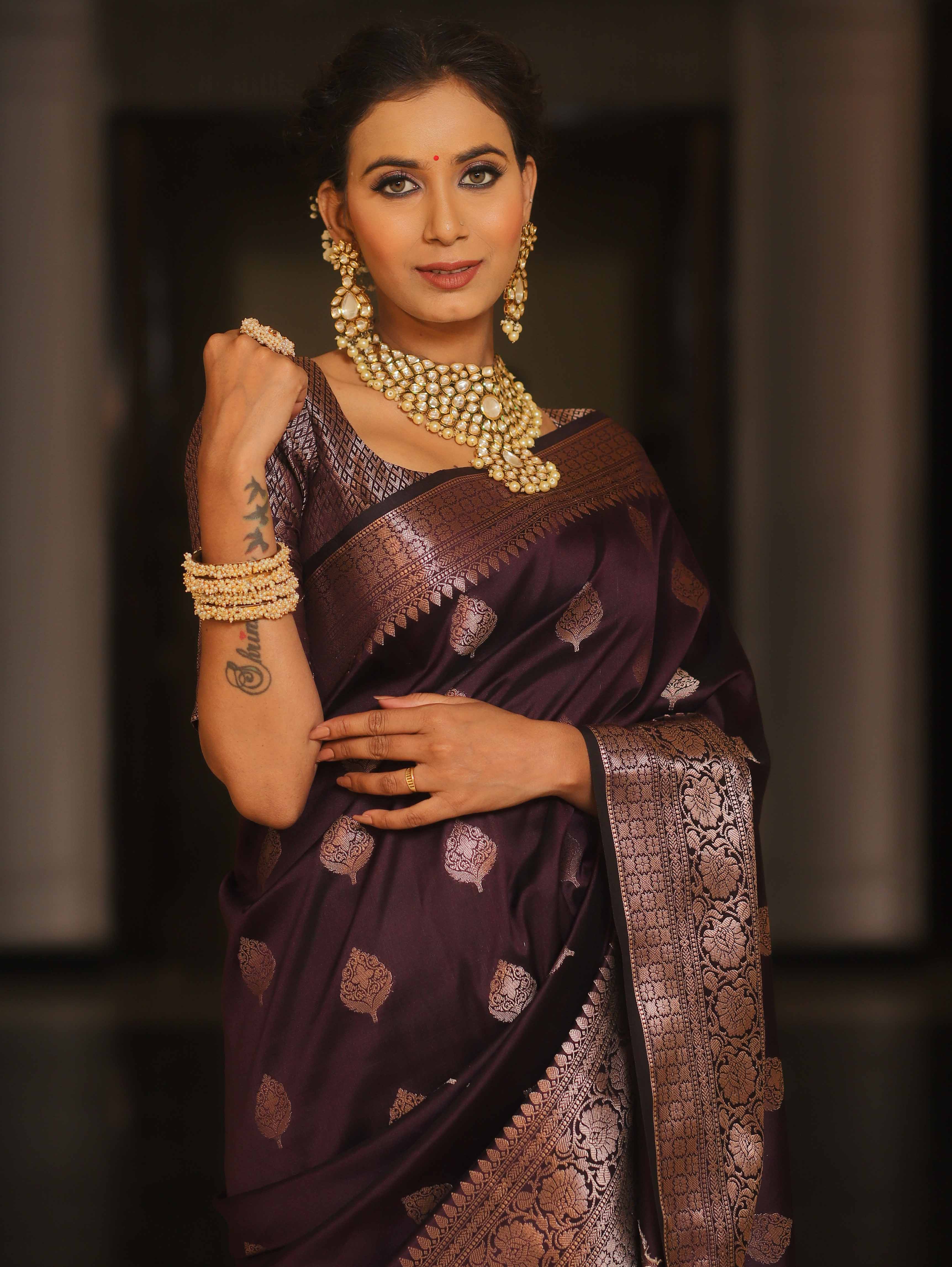 Banarasee Handwoven Semi Silk Saree With Zari Buti Design-Wine