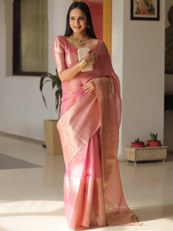 Banarasee Handwoven Plain Tissue Skirt Border Saree-Pink
