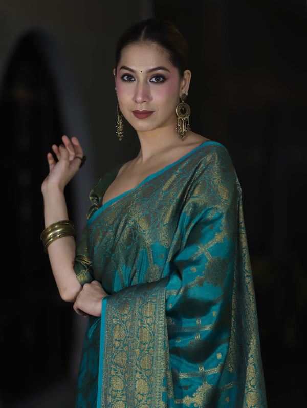 Banarasee Handwoven Georgette Saree With Antique Zari Jaal Design & Floral Border-Turquoise Green