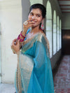 Banarasee Handwoven Plain Tissue Saree With Zari Border & Lace-Sky Blue