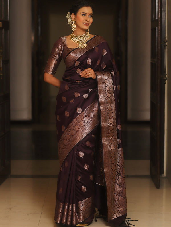 Banarasee Handwoven Semi Silk Saree With Zari Buti Design-Wine