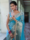 Banarasee Handwoven Plain Tissue Saree With Zari Border & Lace-Sky Blue