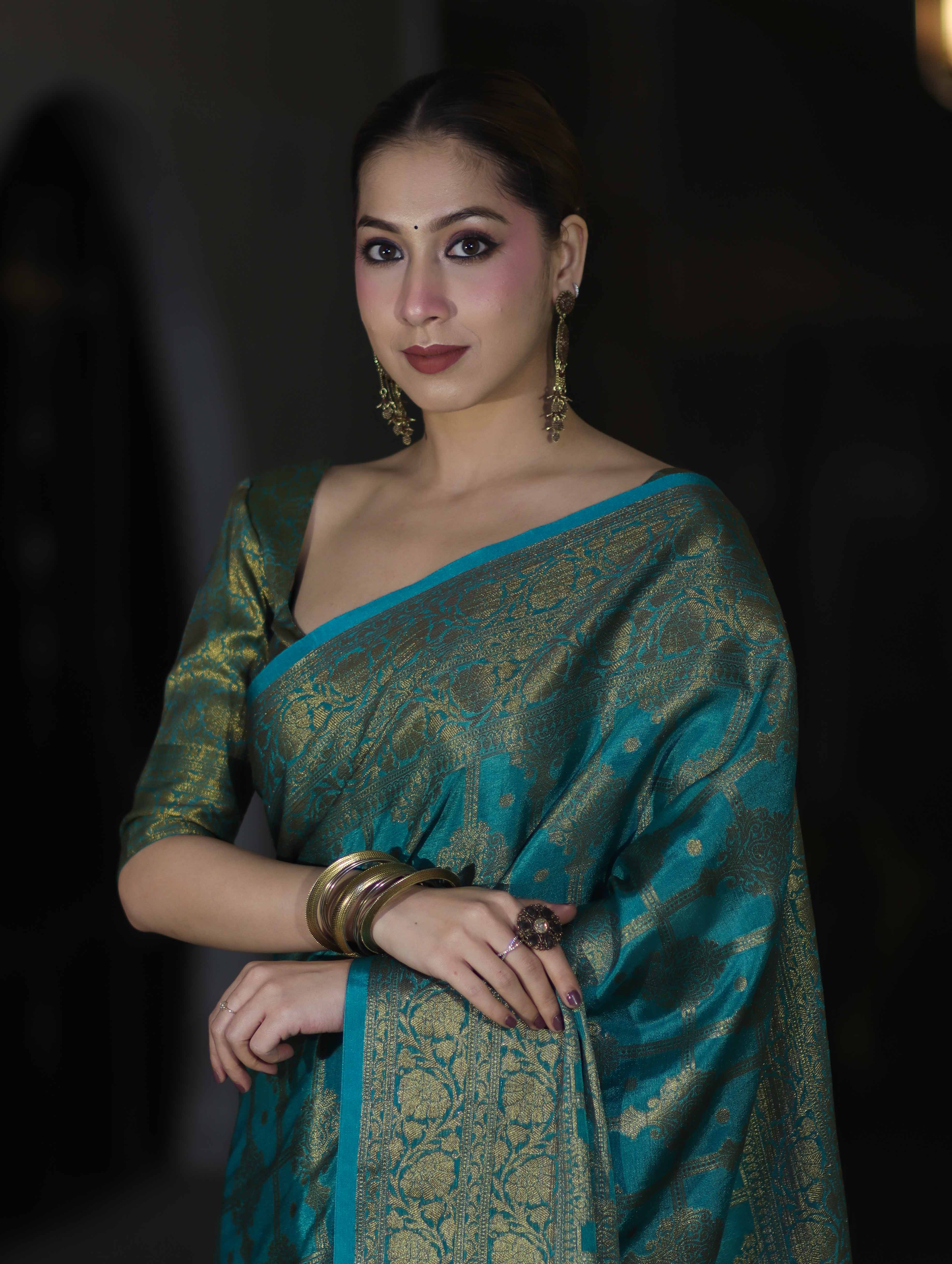Banarasee Handwoven Georgette Saree With Antique Zari Jaal Design & Floral Border-Turquoise Green